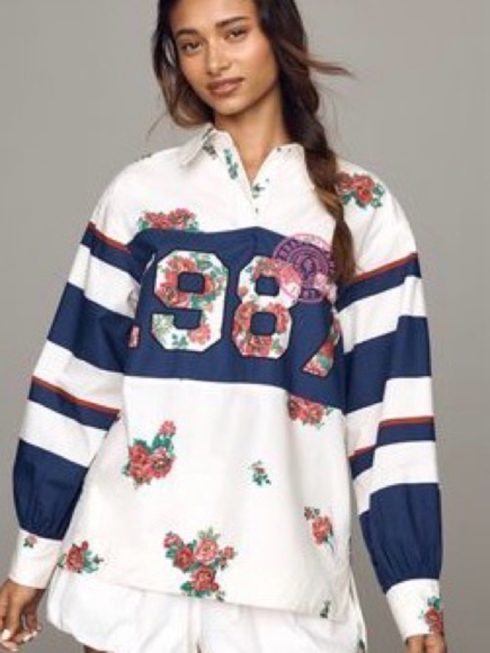 Maeve White & Navy Floral Rugby Pullover Jacket